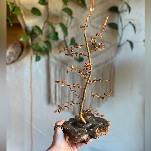 Vintage Agate Bonsai Tree Sculpture – Carnelian Gemstone Leaves on Geode Base
